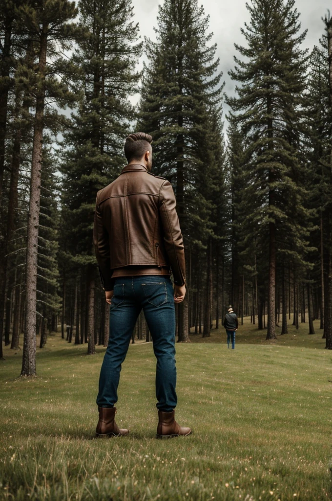 A man from behind wearing a brown leather jacket, dark blue jeans and Chelsea boots. Standing on a hill covered with green grass and 2 pine trees close together next to it. On a cloudy day in Cortina d'Ampezzo.