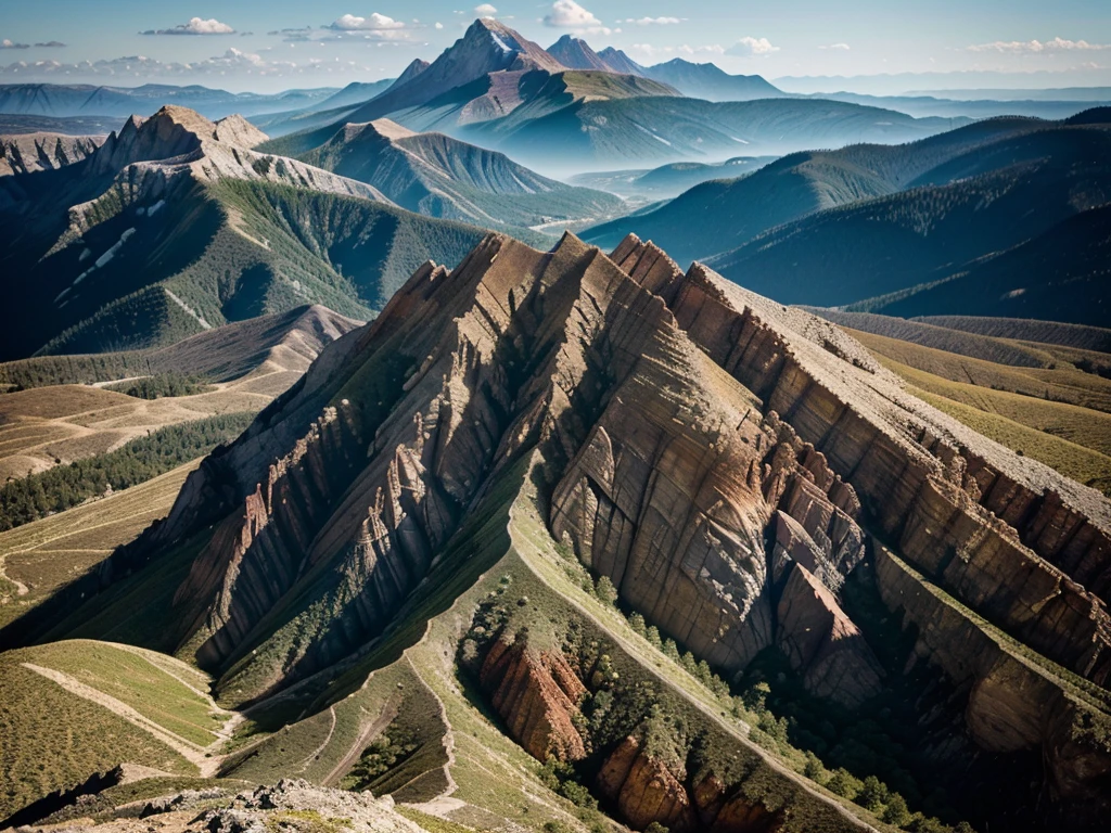 Intricately layered strata, jagged peaks, and shimmering mineral patterns compose the geological surfaces captured in this mesmerizing image. The rugged surfaces show a rich tapestry of colors and textures, ranging from earthy browns to striking blues and greens. This photograph expertly captures the natural beauty of rock formations and mountains, highlighting the intricate details and vibrant hues present in the scene. Every detail is sharp and clear, immersing viewers in the breathtaking landscapes of the earth's geological wonders.