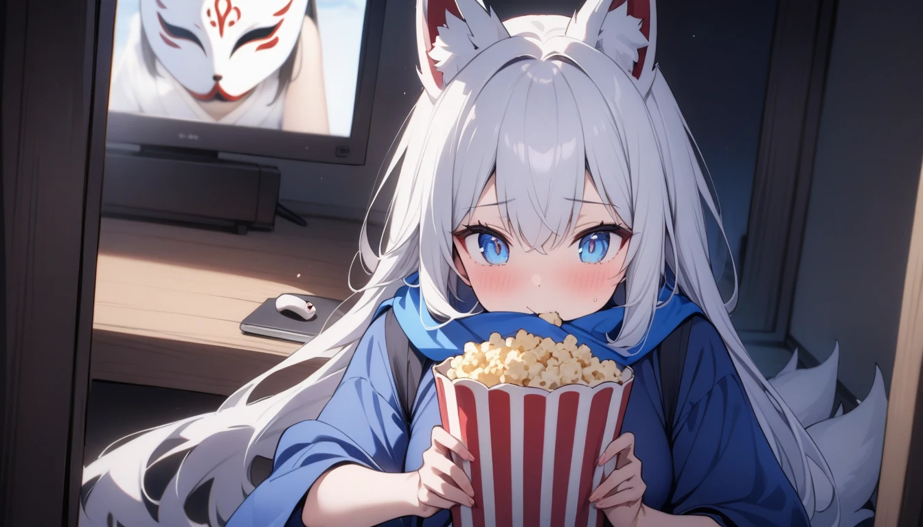 Eating popcorn and watching a movie、Watch videos、(masterpiece, best quality:1.2), 1girl, 独奏,Wolf girl, fox mask, ninja, girl, long white hair, odd eyes, blue kimono, ninja girl, red and blue scarf,, light coming in, fantastic atmosphere.night、Shadows of light and darkness、Eyes glowing in the dark、Black fox mask、、long hair that spreads、Glued to the screen
