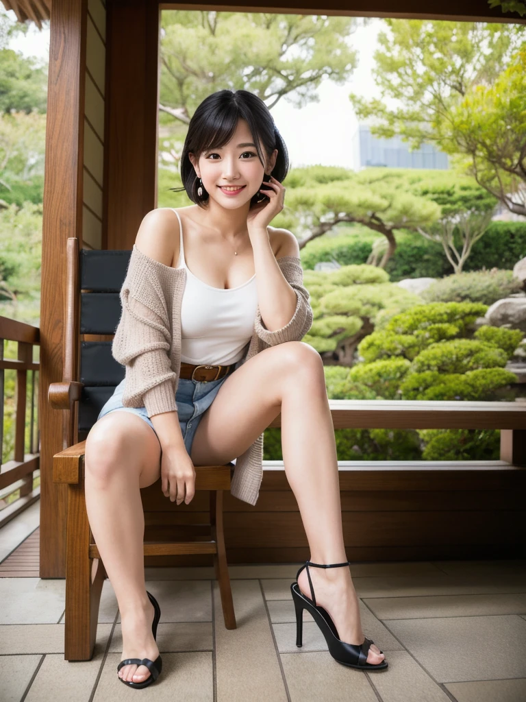 (8K, Realistic, RAW Photos, Highest quality: 1.4),Japanese idol-style beautiful girl,1 person,18-year-old,Short Bob,She has her hair tucked behind her ears,Large, clear grey eyes,Long eyelashes,(piercings(small)),(Lip gloss),lips(Plump,glossy),Tank top,Off-the-shoulder lace cardigan,(Garter Cart),Long legs,Barefoot and high heels,Cafe terrace with a view of the Japanese garden,Sitting on a chair with legs crossed,Smiling at the camera,Front view,Full body portrait