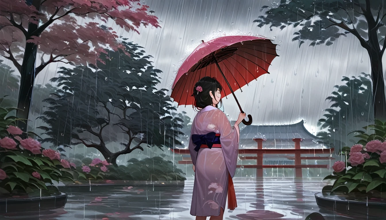 score_9, score_8_up, score_7_up, source_anime, detailed, 8k, cinematic angle, rating safe, wide shot, rain, rainy, rainfall, a woman in kimono standing in japanese garden, tree, umbrella, 