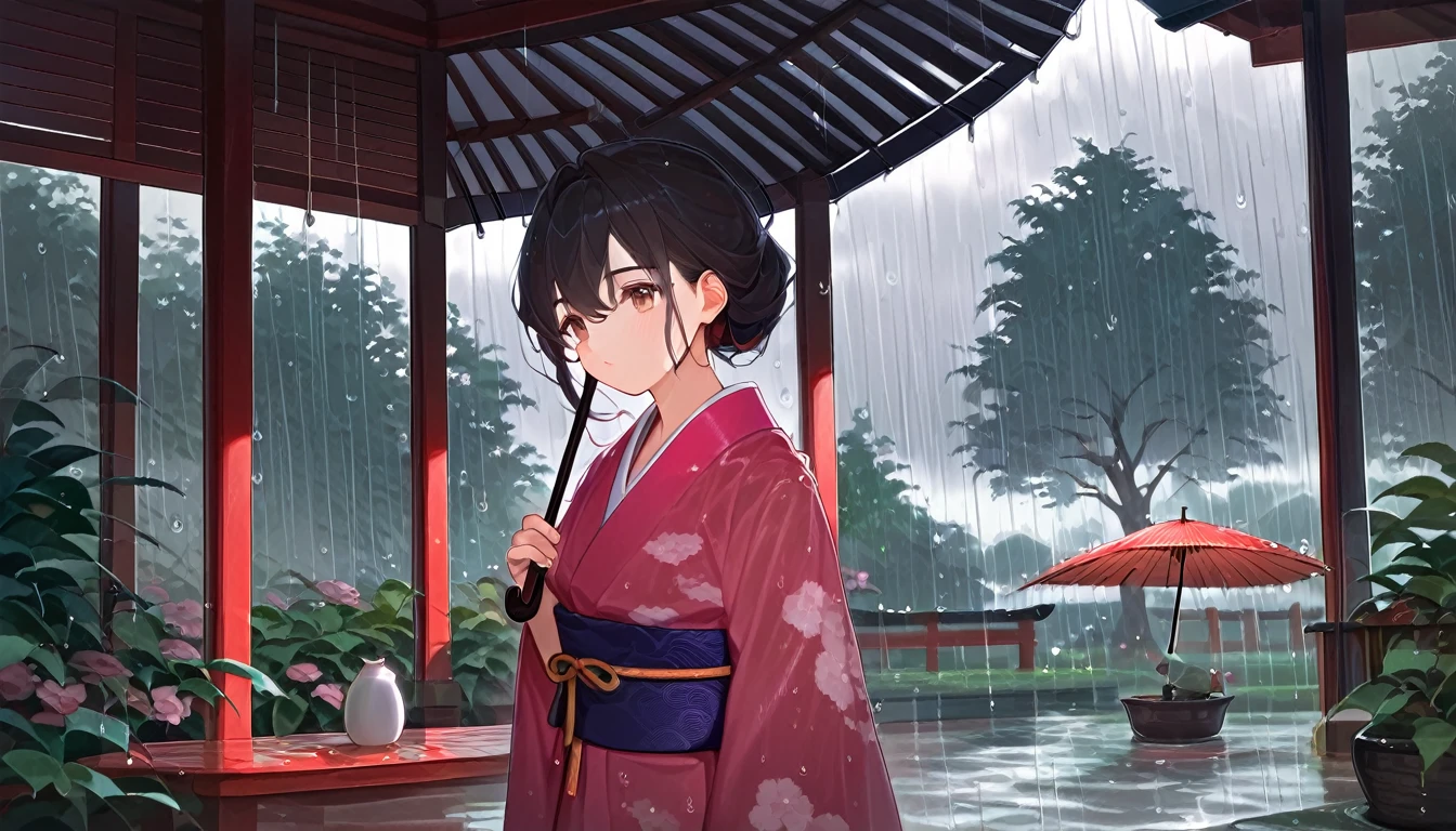 score_9, score_8_up, score_7_up, source_anime, detailed, 8k, cinematic angle, rating safe, wide shot, rain, rainy, rainfall, a woman in kimono standing in japanese garden, tree, umbrella,