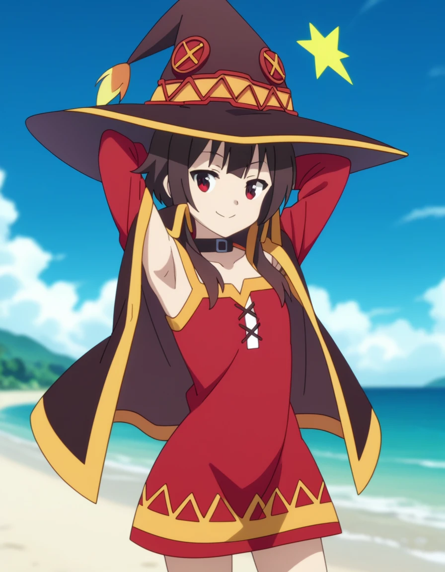 source_anime, anime screencap, anime coloring, Megumin, witch hat, looking at viewer, solo, contrapposto, spread armpit, arms behind head, smile, looking at viewer, (cowboy shot:1.5), closed mouth, night sky, beach, high quality,