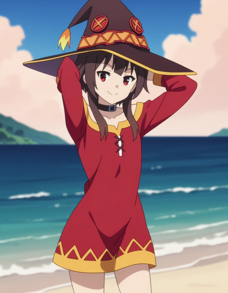  source_anime, anime screencap, anime coloring, Megumin, witch hat, looking at viewer, solo, contrapposto, spread armpit, arms behind head, smile, looking at viewer, (cowboy shot:1.5), closed mouth, night sky, beach, high quality,
