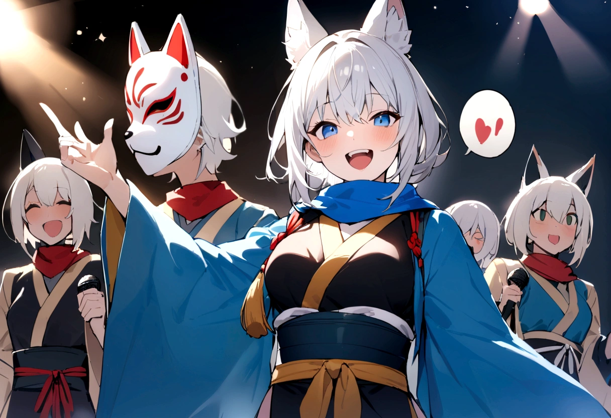 smile、Wink、microphoneを持って叫ぶ、Enthusiastic singing、Visible valley、Shout with your mouth wide open、Sing a song、microphone、(masterpiece, best quality:1.2), 1girl, 独奏,Wolf girl, fox mask, ninja, girl, long white hair, odd eyes, blue kimono, ninja girl, red and blue scarf, fantastic atmosphere.night、Singing on stage、microphoneを持って叫ぶ、、Aside exposure、Black fox mask、Shining Spotlight