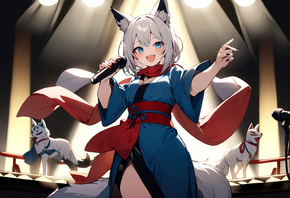 smile、Wink、microphoneを持って叫ぶ、Enthusiastic singing、Visible valley、Shout with your mouth wide open、Sing a song、microphone、(masterpiece, best quality:1.2), 1girl, 独奏,Wolf girl, fox mask, ninja, girl, long white hair, odd eyes, blue kimono, ninja girl, red and blue scarf, fantastic atmosphere.night、Singing on stage、microphoneを持って叫ぶ、、Aside exposure、Black fox mask、Shining Spotlight