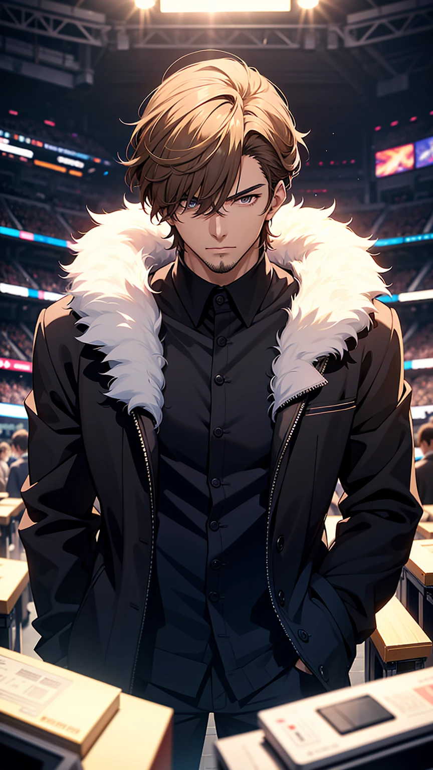 An organizer,television, He was nearby, Anime handsome man, Looking at the audience, high resolution, Super sharp, 8K, masterpiece