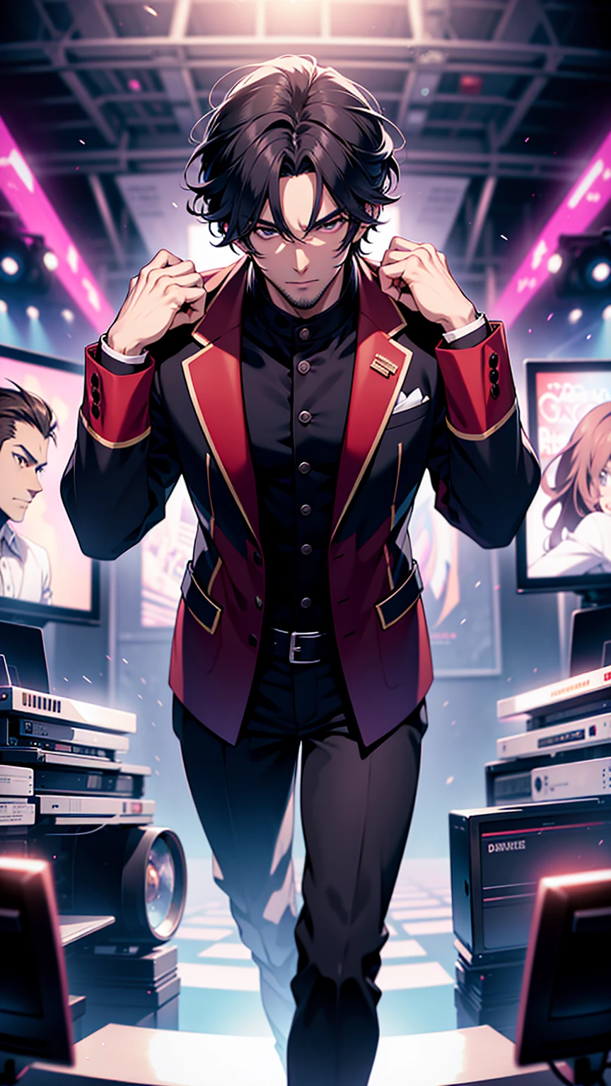An organizer,television, He was nearby, Anime handsome man, Looking at the audience, high resolution, Super sharp, 8K, masterpiece