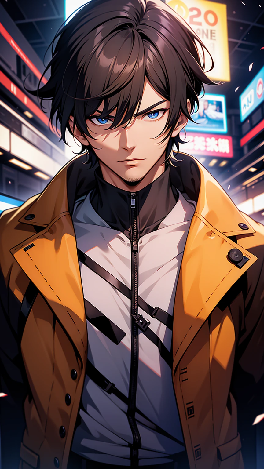 An organizer，television， He was nearby, Anime handsome man,  Looking at the audience, high resolution, Super sharp, 8K, masterpiece