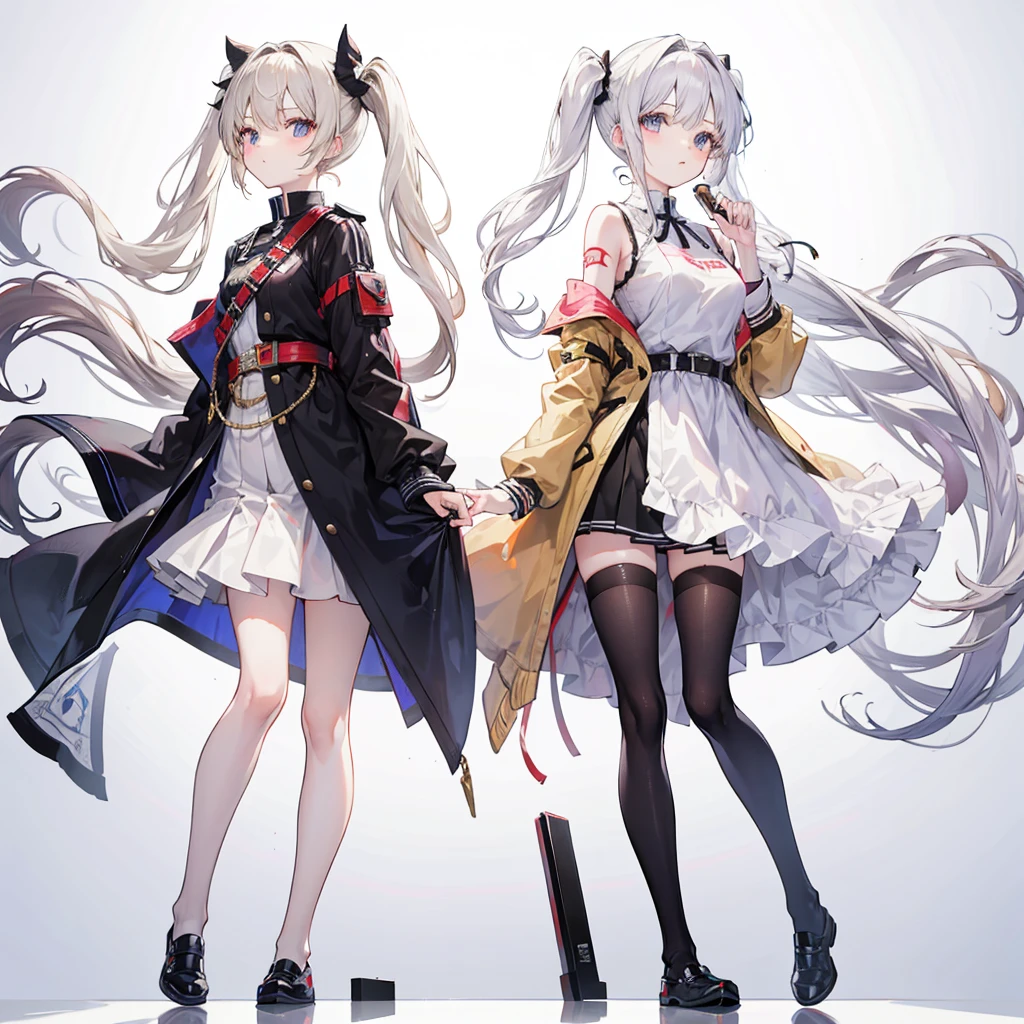 Full body, standing back to back, two girls around 20 years old, beige hair, white hair, twin tails, long hair, white background
