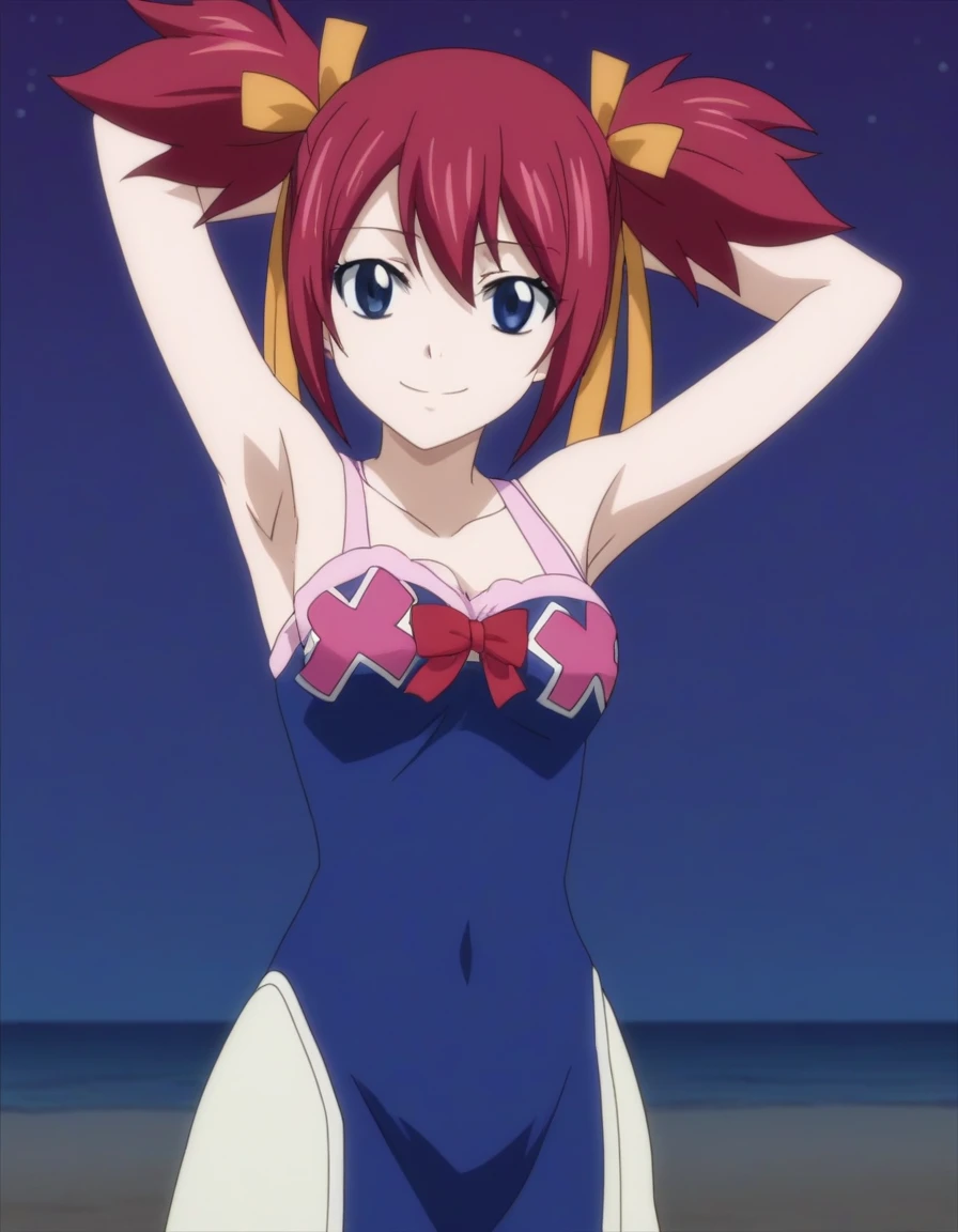 chelia_blendy, source_anime, rating_safe, intricate details, anime screencap, anime coloring, 1girl, solo,  red hair, blue eyes, ribbon, hair ribbon, twintails, short twintails, looking at viewer, solo, contrapposto, spread armpit, arms behind head, smile, looking at viewer, (cowboy shot:1.5), closed mouth, night sky, beach, high quality,