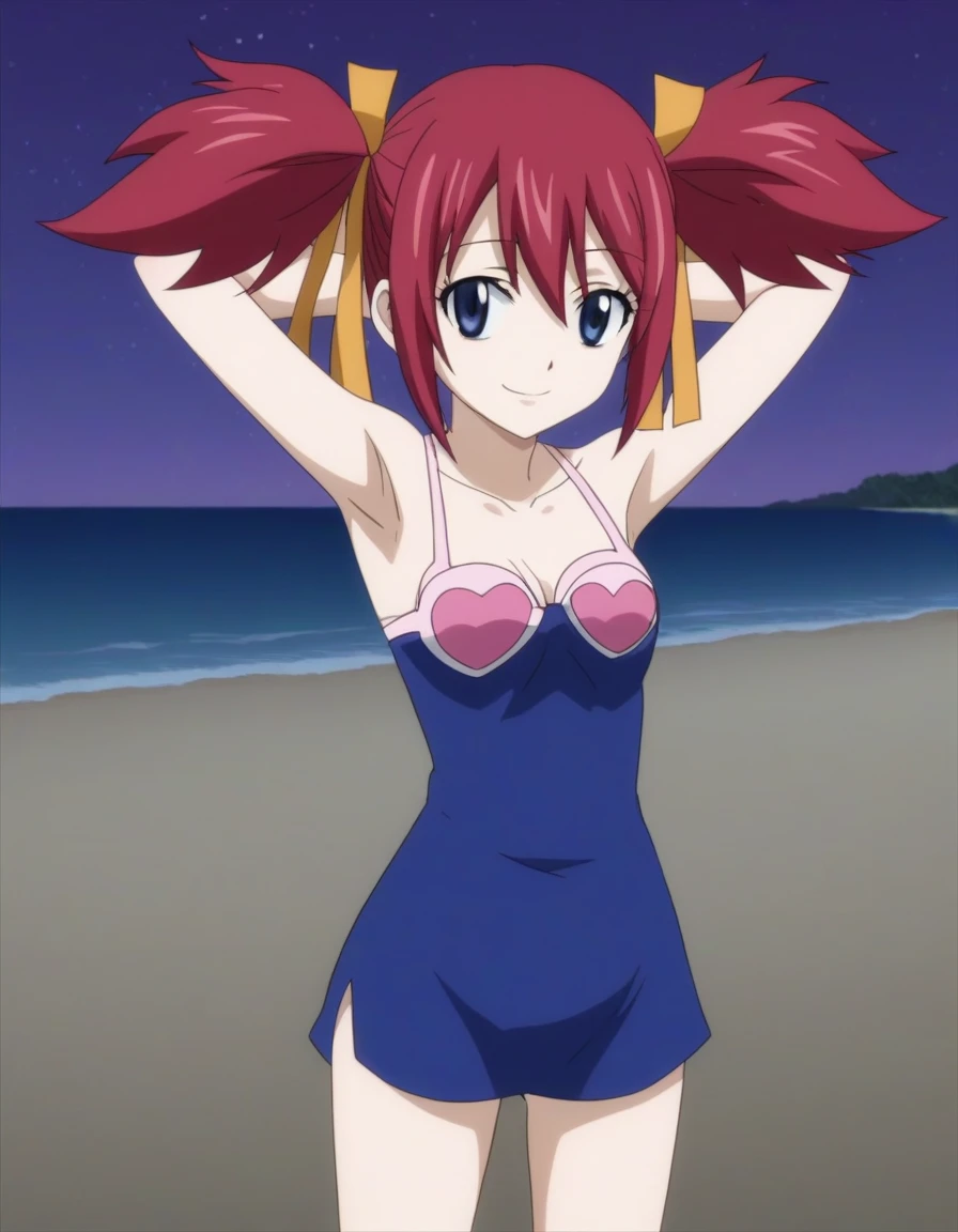 chelia_blendy, source_anime, rating_safe, intricate details, anime screencap, anime coloring, 1girl, solo,  red hair, blue eyes, ribbon, hair ribbon, twintails, short twintails, looking at viewer, solo, contrapposto, spread armpit, arms behind head, smile, looking at viewer, (cowboy shot:1.5), closed mouth, night sky, beach, high quality,
