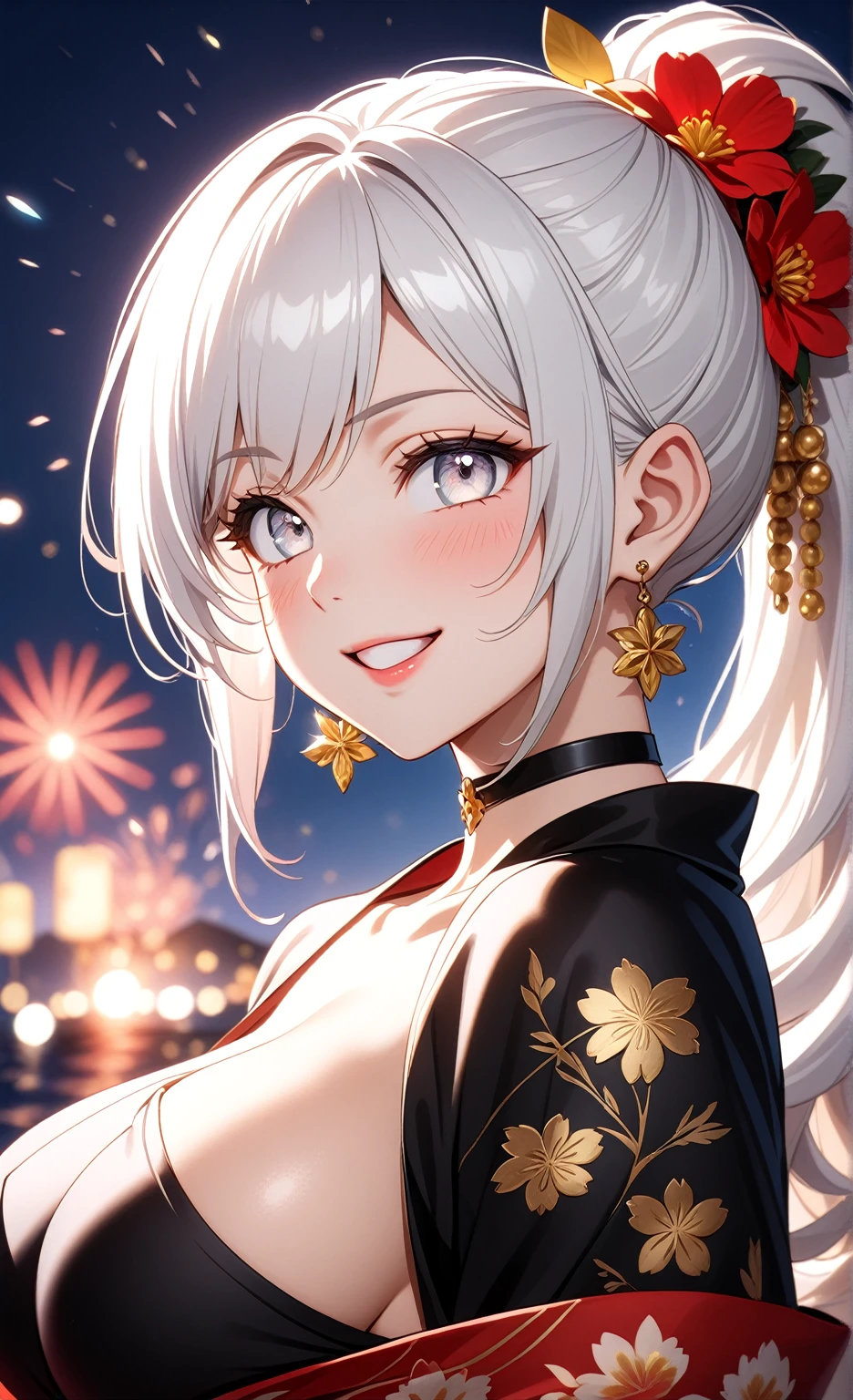 ((One personの女性)), Beautiful Face, (smile shyly), embarrassed, upper teeth, ((Wink:1.8)), Laugh with your mouth wide open,((Bright red cheeks:1.4)),Shiny red lips,night,横浜のnight景,You can see the ocean, firework,,Glossy pink lips,Facial lighting,((Anime style background)),masterpiece, Highest quality, so beautiful,up to date, Complex details, (Pink long nails), (ring),(bracelet),(choker),AI-generated, Complex,High resolution, Highest quality, super high quality,3D Images、3D Images,One person,Long white hair,High Ponytail,(blue eyes),Anime woman posing for a photo, ((Fine grain、Silvery white colorful eyes、Shining Eyes:1.3)),(Squint your eyes:1.1),a hyperRealistic , hyperRealistic , Realistic,Anime woman with long white hair, Smooth anime CG art, A woman in a colorful kimono with gold embroidery, (Black long sleeve kimono),Red floral pattern,Long flower hair ornament,Earrings,Mature Body,(Big Breasts:1.1),Tall,Abdominal muscles,Narrow waist,(Zoom up to face:1.2), ((from side)),