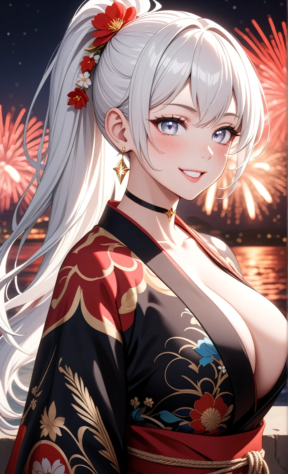 ((One personの女性)), Beautiful Face, (smile shyly), embarrassed, upper teeth, ((Wink:1.8)), Laugh with your mouth wide open,((Bright red cheeks:1.4)),Shiny red lips,night,横浜のnight景,You can see the ocean, firework,,Glossy pink lips,Facial lighting,((Anime style background)),masterpiece, Highest quality, so beautiful,up to date, Complex details, (Pink long nails), (ring),(bracelet),(choker),AI-generated, Complex,High resolution, Highest quality, super high quality,3D Images、3D Images,One person,Long white hair,High Ponytail,(blue eyes),Anime woman posing for a photo, ((Fine grain、Silvery white colorful eyes、Shining Eyes:1.3)),(Squint your eyes:1.1),a hyperRealistic , hyperRealistic , Realistic,Anime woman with long white hair, Smooth anime CG art, A woman in a colorful kimono with gold embroidery, (Black long sleeve kimono),Red floral pattern,Long flower hair ornament,Earrings,Mature Body,(Big Breasts:1.1),Tall,Abdominal muscles,Narrow waist,(Zoom up to face:1.2), ((from side)),