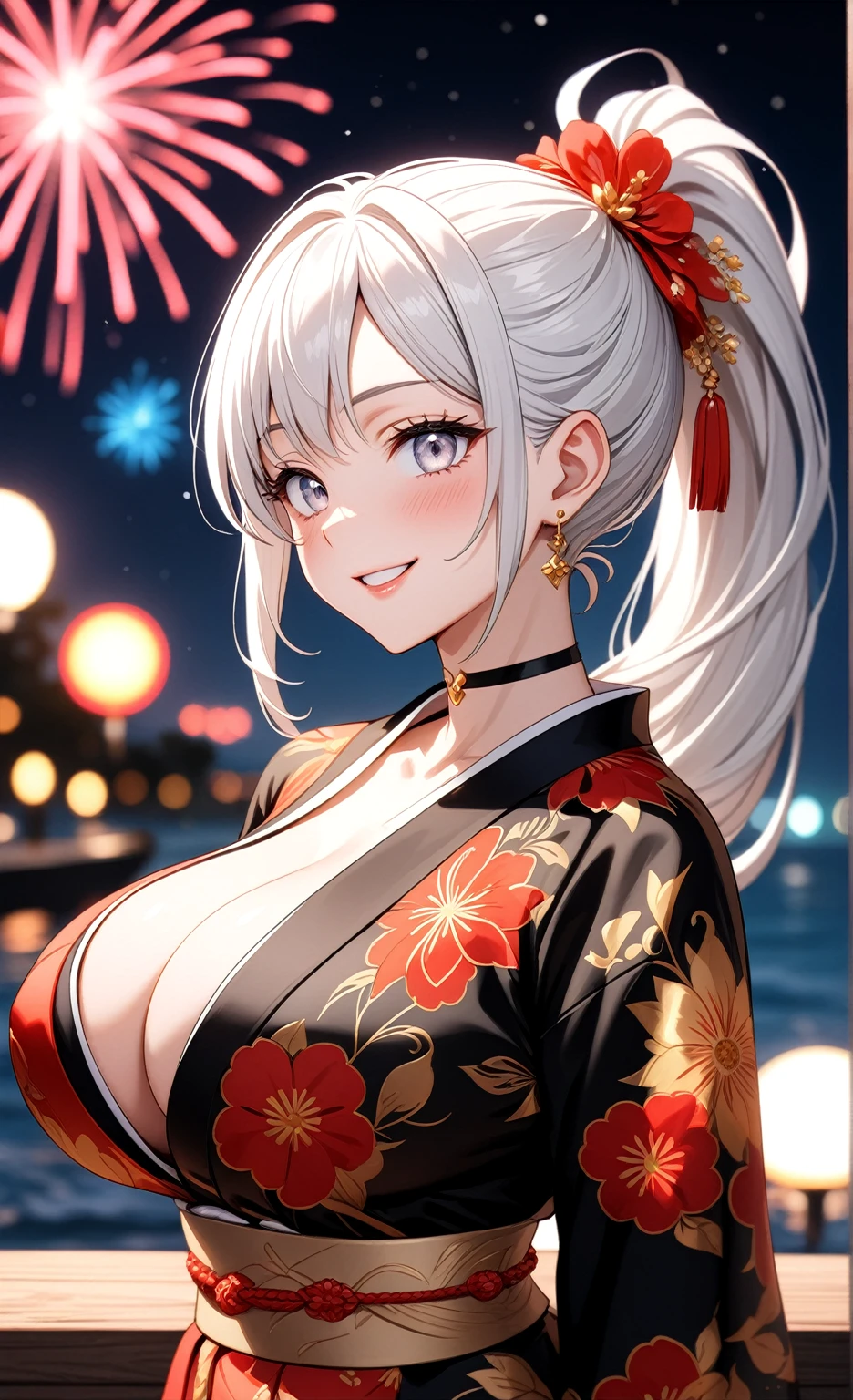 ((One personの女性)), Beautiful Face, (smile shyly), embarrassed, upper teeth, ((Wink:1.8)), Laugh with your mouth wide open,((Bright red cheeks:1.4)),Shiny red lips,night,横浜のnight景,You can see the ocean, firework,,Glossy pink lips,Facial lighting,((Anime style background)),masterpiece, Highest quality, so beautiful,up to date, Complex details, (Pink long nails), (ring),(bracelet),(choker),AI-generated, Complex,High resolution, Highest quality, super high quality,3D Images、3D Images,One person,Long white hair,High Ponytail,(blue eyes),Anime woman posing for a photo, ((Fine grain、Silvery white colorful eyes、Shining Eyes:1.3)),(Squint your eyes:1.1),a hyperRealistic , hyperRealistic , Realistic,Anime woman with long white hair, Smooth anime CG art, A woman in a colorful kimono with gold embroidery, (Black long sleeve kimono),Red floral pattern,Long flower hair ornament,Earrings,Mature Body,(Big Breasts:1.1),Tall,Abdominal muscles,Narrow waist,(Zoom up to face:1.2), ((from side)),