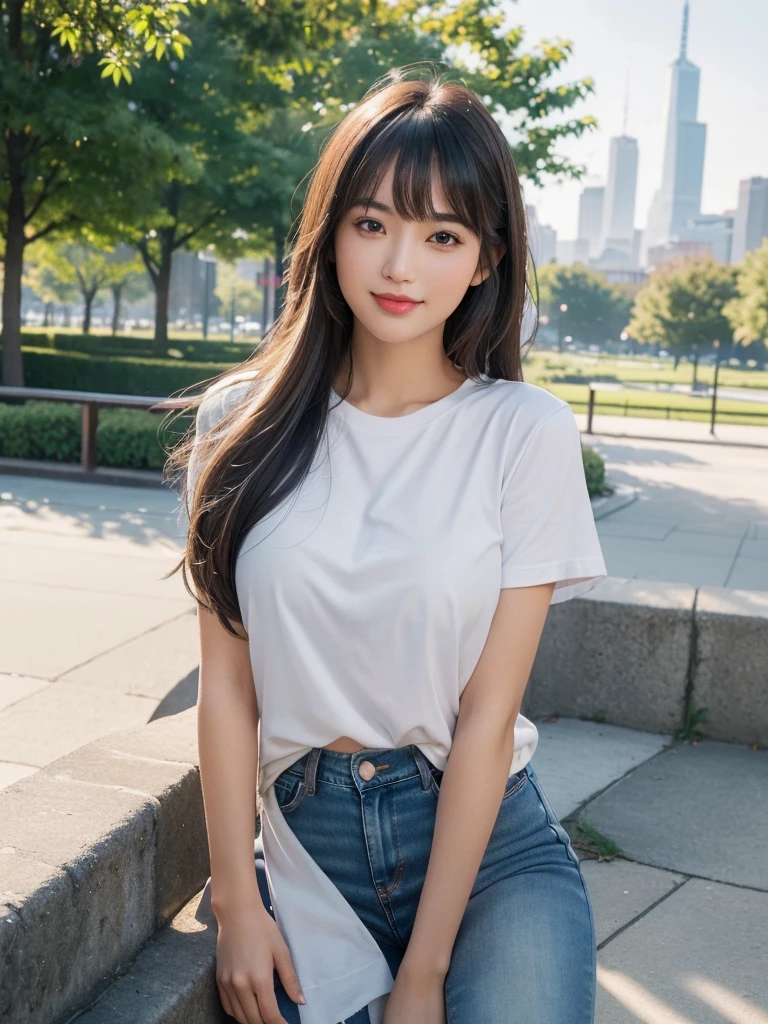 One girl,Beautiful Model , Instagram (photoRealistic, High resolution:1.4), ((Puffy eyes)), View your viewers, , whole body (8K, RAW Photos, Highest quality, masterpiece:1.2), (Realistic, photo-Realistic:1.37),(Sharp focus:1.2), Professional Lighting, Photon Mapping, Radio City, Physically Based Rendering, (Realistic skin:1.2),( ), View your viewers, (Mid-length hair:1.5),, Purple eyes, (Silver Hair:1.1),bangs, (Park Background:1.4), alone, Realistic,(masterpiece:1.4),(Highest quality:1.4),(Shiny skin),Fashionable Girl,compensate,smile(skinny,Mouth closed,shy :1.3) , shoulder,Full Color:1.1),whole bodyショット,T-Shirts ,jeans,Medium Bust,Sexy pose ,