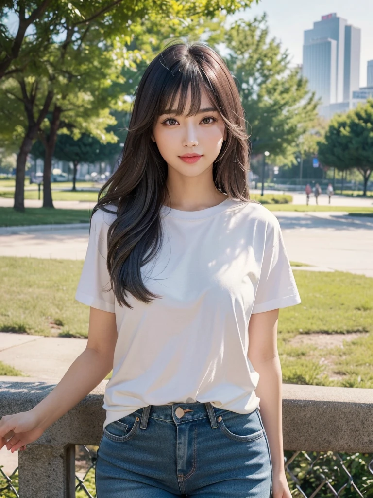 One girl,Beautiful Model , Instagram (photoRealistic, High resolution:1.4), ((Puffy eyes)), View your viewers, , whole body (8K, RAW Photos, Highest quality, masterpiece:1.2), (Realistic, photo-Realistic:1.37),(Sharp focus:1.2), Professional Lighting, Photon Mapping, Radio City, Physically Based Rendering, (Realistic skin:1.2),( ), View your viewers, (Mid-length hair:1.5),, Purple eyes, (Silver Hair:1.1),bangs, (Park Background:1.4), alone, Realistic,(masterpiece:1.4),(Highest quality:1.4),(Shiny skin),Fashionable Girl,compensate,smile(skinny,Mouth closed,shy :1.3) , shoulder,Full Color:1.1),whole bodyショット,T-Shirts ,jeans,Medium Bust,Sexy pose ,