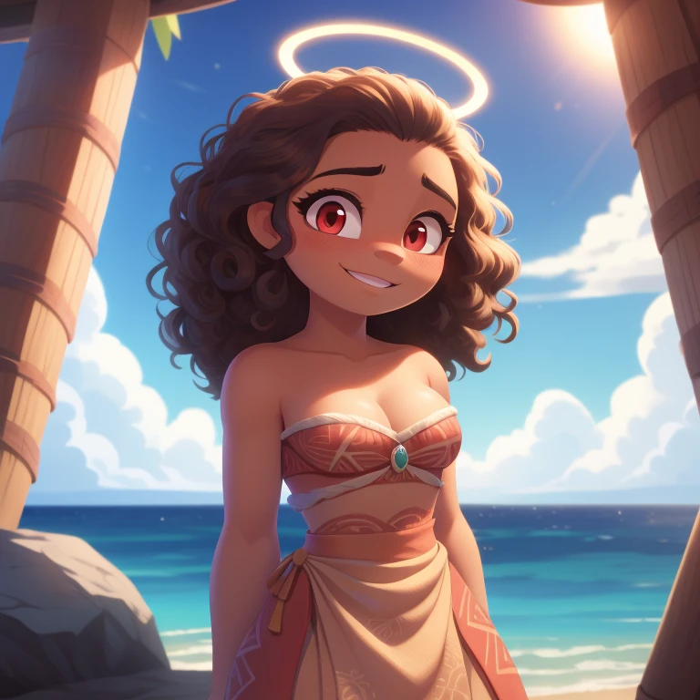 Moana, strapless tight dress, cleavage, curly hair, halo, sunglasses, jewelry, red eyes, longeyelashes, red eyes, smile, shy, blush, high detail, masterpiece, UHD, anatomically correct, super detail, highres, 4K