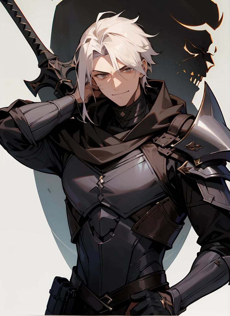 1 , handsome fashion hair,bronze hair highlightwhite, fanstasy, smile face, male ,fantasy, reaper, hunter with blackshortsword, villian face, black armor , darkness wolrd, bad