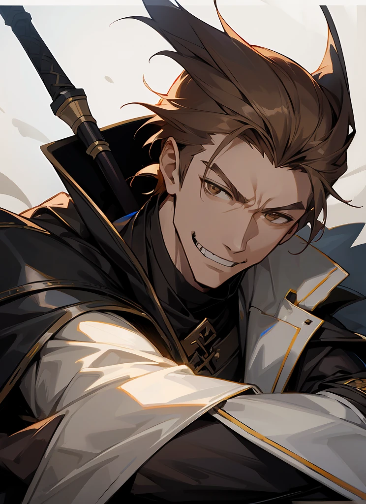 1 , handsome fashion hair,bronze hair highlightwhite, fanstasy, smile face, male ,fantasy, reaper, hunter with blackshortsword, villian face, black armor , darkness wolrd, bad