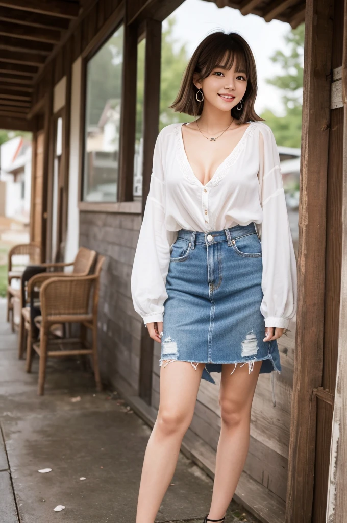 Penniless traveler woman wearing dirty and tattered clothes, rural western USA, rental house, senior in college, ((full body)), ((photo)), ((best qualtiy, 8K, tmasterpiece:1.3)), Focus:1.2, perfect figure beautiful girl:1.4, 1girl, cowboy shot, look at viewer, incredibly absurd, beautiful and cute girl with a photorealistic face, showcasing top-quality craftsmanship, A Japanese woman walking around town as a backpacker, 20 years old, very short brown hair, short bangs, longer hair on the sides, soft hair with a beautiful flow, clear facial features, large light brown eyes, double eyelids, long eyelashes, small nose, plump pink lips, white teeth, impressive smile, gentle eyes, fair and smooth skin, tall, glamorous, slender, 163cm tall, large G-cup breasts, simple and casual style, fashion that emphasizes her chest, earrings, necklace, favorite camera, cheerful and energetic older sister, beautiful girl, pretty, leader, curious, proactive, positive, sticks to her beliefs, sociable, honest, good at encouraging others, polite, walks with a spring in her step, September