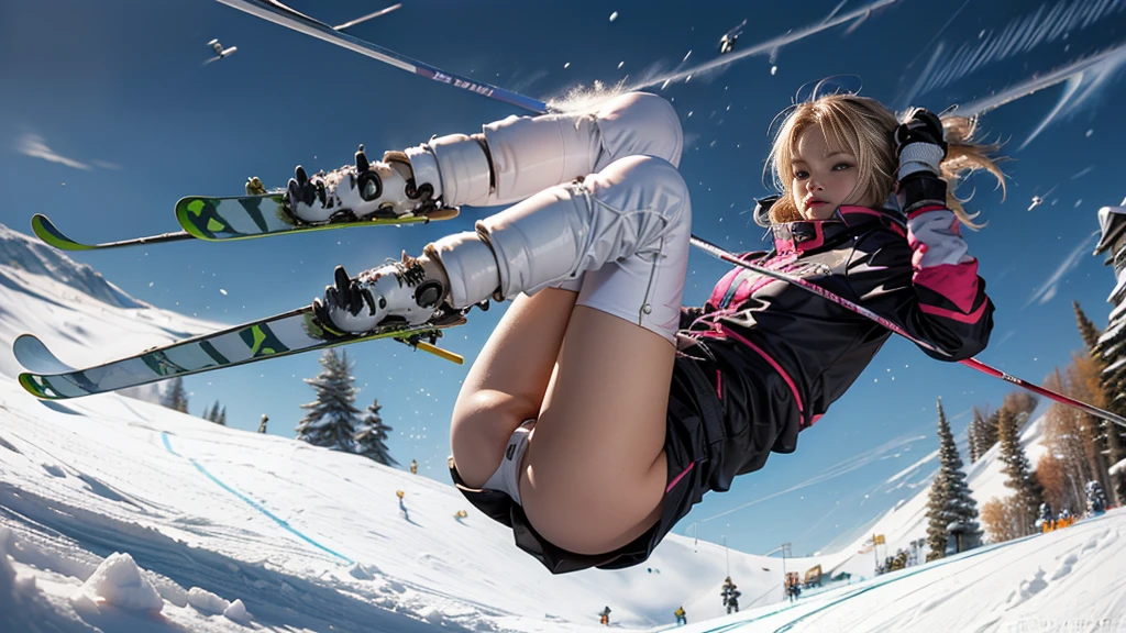 1womanl、(europeu:1.3)、blond、(super cute)、(beautiful face:1.5)、(face detailed)、(skiing:1.6)、(wearing a miniskirt:1.3)、(fall down and open your legs:1.3)、(I can see your panties:1.3)、(White-panties:1.3)、(badass clothing:1.1)、(skiing場)、(Em SFW:1.5)