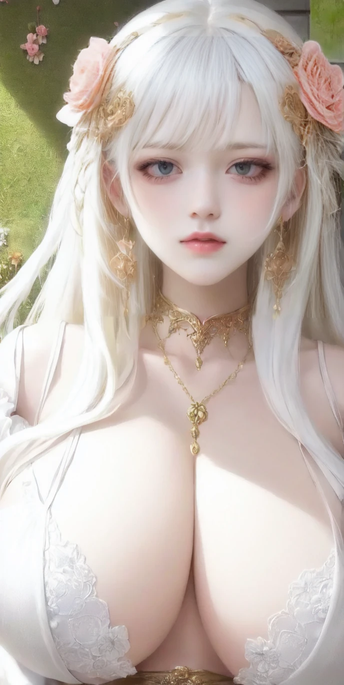 1 girl, (on the body:1.1),hair accessories, necklace,complicated jewelry, long hair, earring, height, (Incredibly nonsense.:1.3),(Very detailed CG unity 8k wallpaper.:1.2),hair ribbon,(Beautiful face:1.2),Beautiful eyes with details,(gigantic bust, rift,curve:1.3), Thin body,Shiny skin,Thin waist,Pale skin, (Delicate and intricate details:1.2),arms separated, (bare,thick:1.4), ( flower pattern :1.2),  