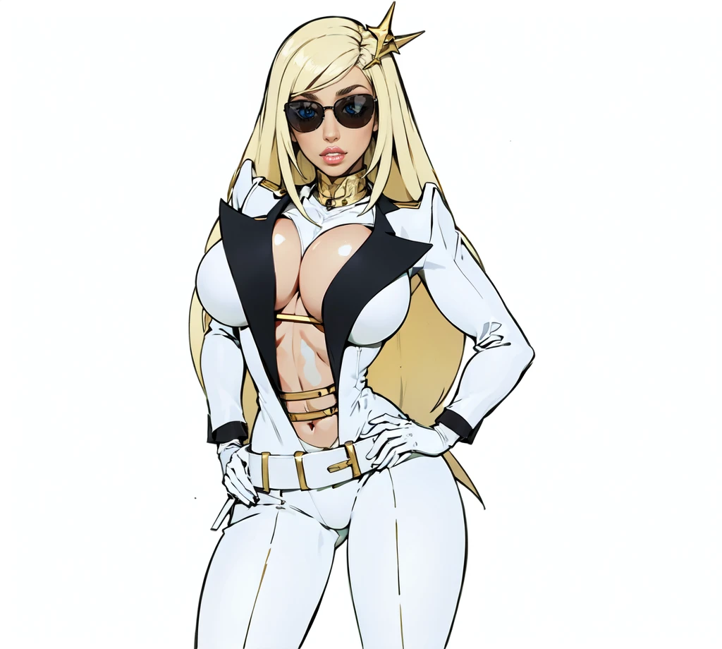 latin women, long white blond hair. black Sunglasses,gold hairclip,b lue eyes,white latex blazer Suit, big black statin reevers, Big breast, white latex trousers, white belt.white latex long boots,standing