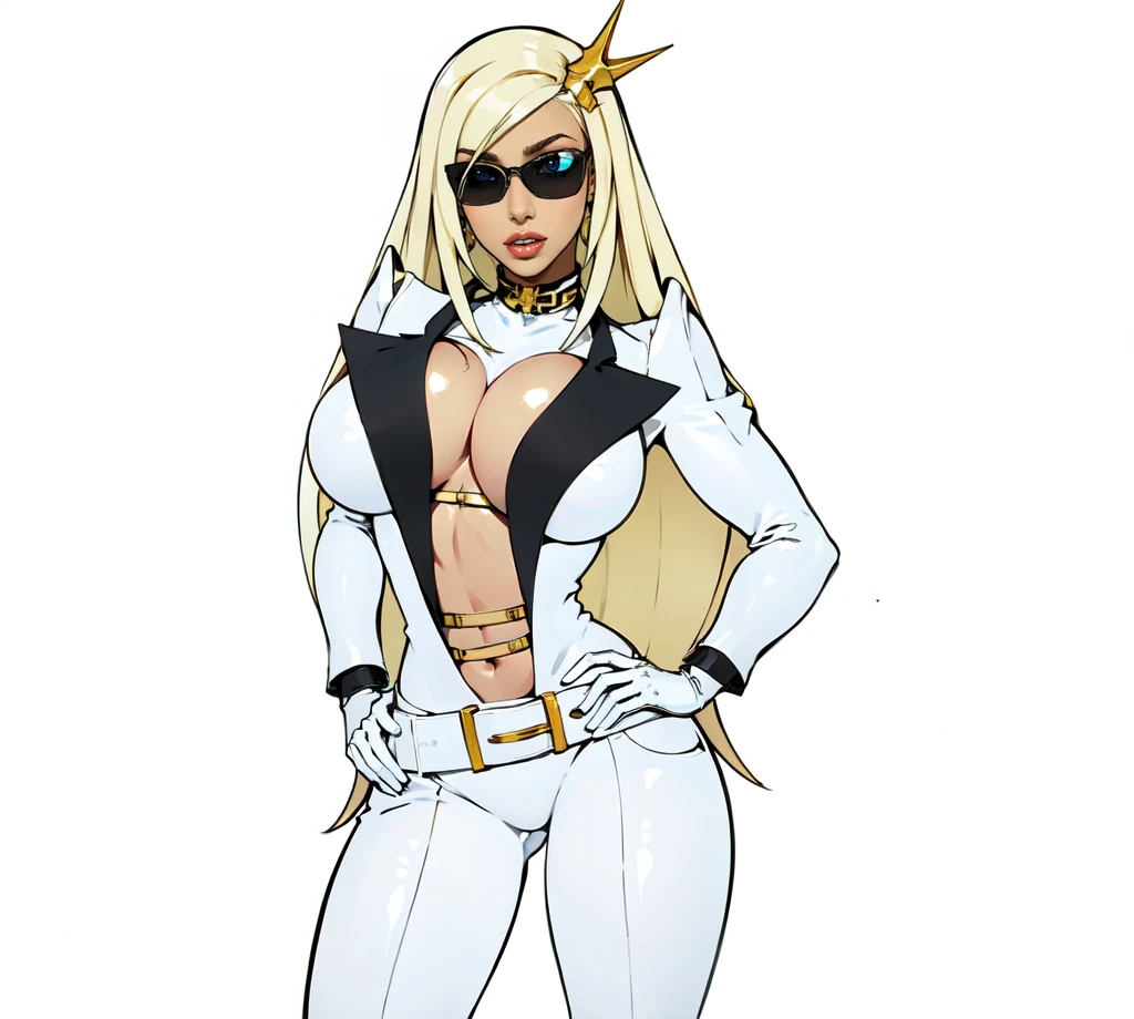 latin women, long white blond hair. black Sunglasses,gold hairclip,b lue eyes,white latex blazer Suit, big black statin reevers, Big breast, white latex trousers, white belt.white latex long boots,standing