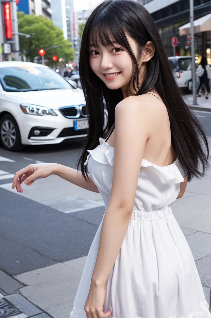 A Japanese girl in her 20s with long black hair、She is wearing a cute white dress that shows off her shoulders.、In the city、Looking at me and smiling、