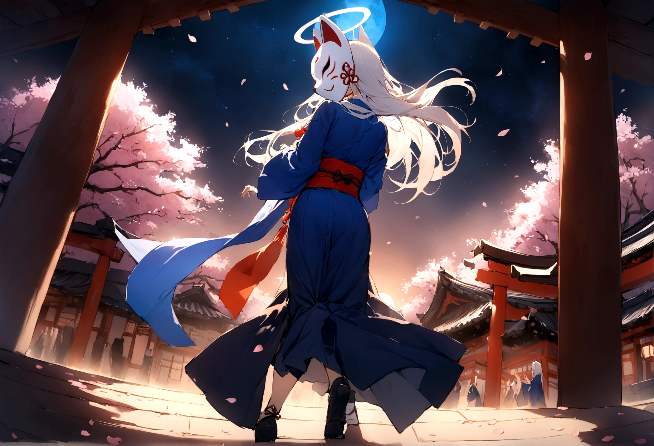 Back view、Halo、shrine、(masterpiece, best quality:1.2), 1girl, 独奏,Wolf girl, fox mask, ninja, girl, long white hair, odd eyes, blue kimono, ninja girl, red and blue scarf,Dancing Cherry Blossoms,Full moon backlighting, light coming in, fantastic atmosphere.night、Shadows of light and darkness、Eyes glowing in the dark、Black fox mask、Fisheye Lens、Expansive starry sky、long hair that spreads、Looking up from afar、Overlooking the city from atop a large cherry tree、