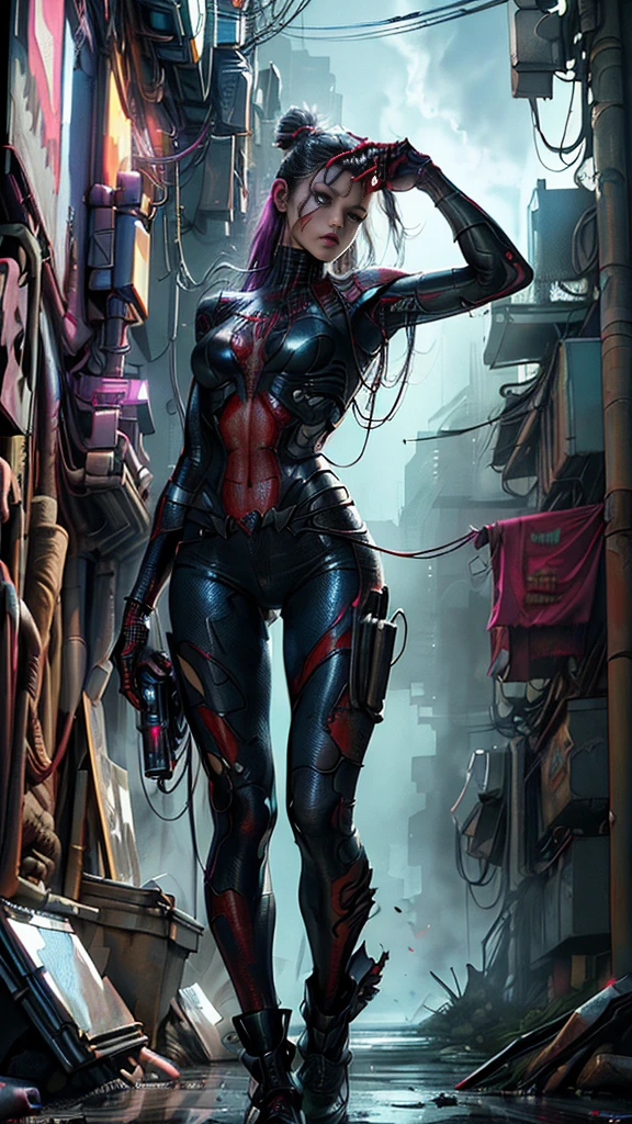 Spiderman as a zombie,(top-quality、8K、32K、masterpiece、nffsw:1.3)、(The ultra -The high-definition)、(Photorealsitic:1.4)、Raw photography,Perfect eyes,Charming perfect figure,actionpose:1.2,Detailed cyberpunk fashion、World of Cyberpunk,depth of fields,blurry backround,、