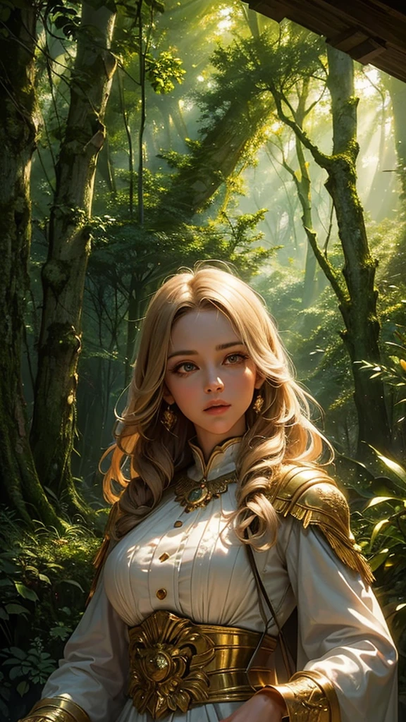 a beautiful light-filled forest entrance at dusk, detailed and realistic, 1girl, beautiful detailed eyes, beautiful detailed lips, extremely detailed face and hair, detailed dress, detailed forest environment, detailed lighting, dramatic lighting, volumetric lighting, glowing light, warm colors, golden hour, photorealistic, 8k, hyper detailed, cinematic, masterpiece