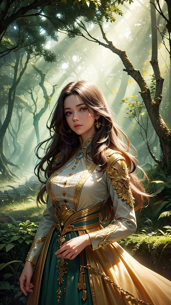 a beautiful light-filled forest entrance at dusk, detailed and realistic, 1girl, beautiful detailed eyes, beautiful detailed lips, extremely detailed face and hair, detailed dress, detailed forest environment, detailed lighting, dramatic lighting, volumetric lighting, glowing light, warm colors, golden hour, photorealistic, 8k, hyper detailed, cinematic, masterpiece