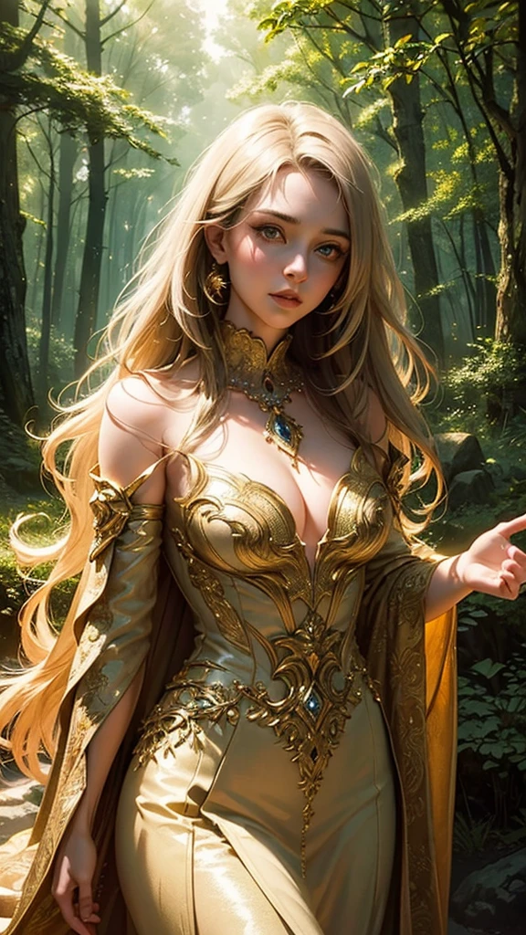 a beautiful light-filled forest entrance at dusk, detailed and realistic, 1girl, beautiful detailed eyes, beautiful detailed lips, extremely detailed face and hair, detailed dress, detailed forest environment, detailed lighting, dramatic lighting, volumetric lighting, glowing light, warm colors, golden hour, photorealistic, 8k, hyper detailed, cinematic, masterpiece