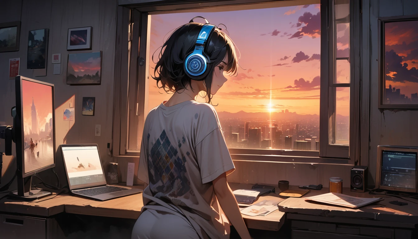 ((8k of extremely detailed CG unit, Masterpiece, high resolution, highest quality, highest quality real texture skin)), (((shoot from behind))), (wearing Japanese pattern headphones), ((1 girl)), ((30th floor of a high-rise apartment building)), ((Looking at a computer screen)), ((Sunset through the big window)), (Japanese pattern Tシャツ), (Black hair, messy hair, beige skin), (surreal, digital painting)