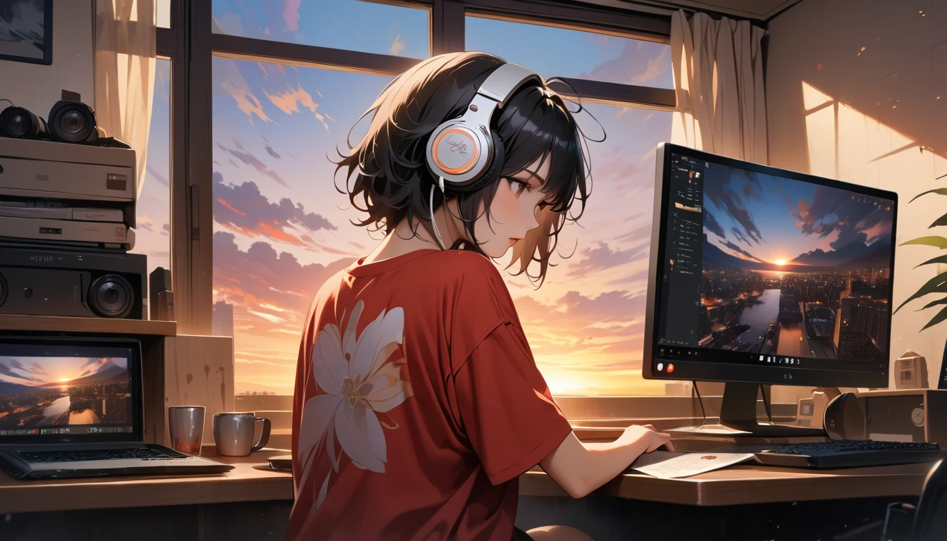 ((8k of extremely detailed CG unit, Masterpiece, high resolution, highest quality, highest quality real texture skin)), (((shoot from behind))), (wearing Japanese pattern headphones), ((1 girl)), ((30th floor of a high-rise apartment building)), ((Looking at a computer screen)), ((Sunset through the big window)), (Japanese pattern Tシャツ), (Black hair, messy hair, beige skin), (surreal, digital painting)