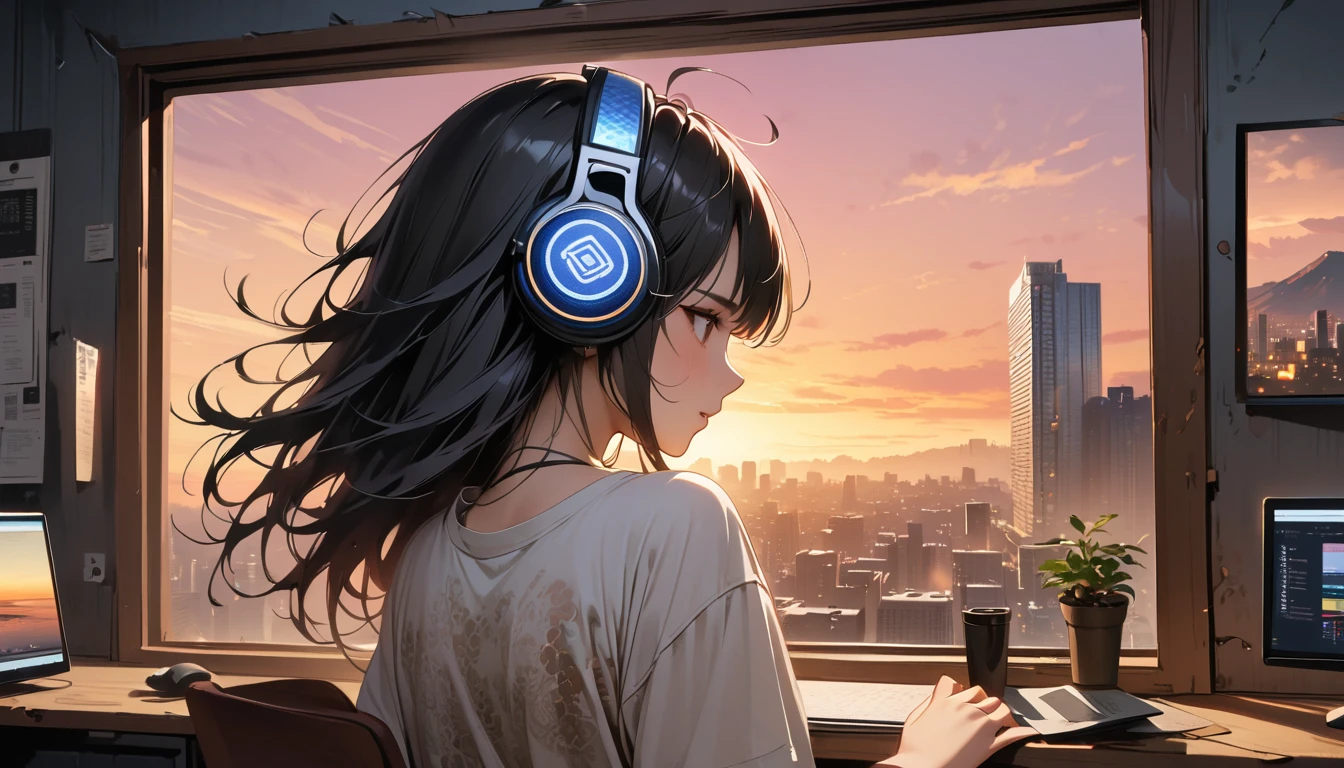 ((8k of extremely detailed CG unit, Masterpiece, high resolution, highest quality, highest quality real texture skin)), (((shoot from behind))), (wearing Japanese pattern headphones), ((1 girl)), ((30th floor of a high-rise apartment building)), ((Looking at a computer screen)), ((Sunset through the big window)), (Japanese pattern Tシャツ), (Black hair, messy hair, beige skin), (surreal, digital painting)