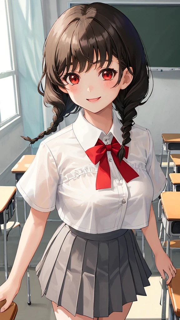 One female ，Short-sleeved white sheer school uniform，Gray skirt，light brown short hair，Double braids，Big boobs，Face red，Smile，Sunlight，Inside the classroom，Chest button fight，Expose，Mature