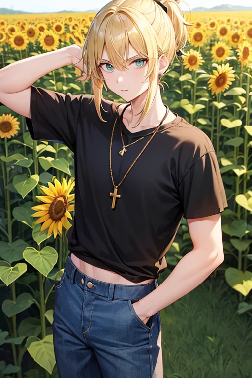 Anime boy, neutral expression, with blonde hair tied up in short ponytail, green eyes, black T-shirt, blue jeans, gold cross necklace, standing in a tall sunflower field