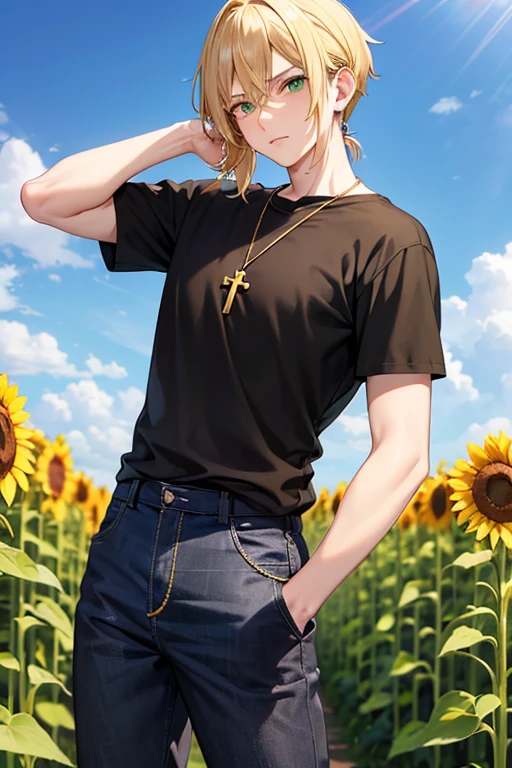 Anime boy, neutral expression, with blonde hair tied up in short ponytail, green eyes, black T-shirt, blue jeans, gold cross necklace, standing in a tall sunflower field