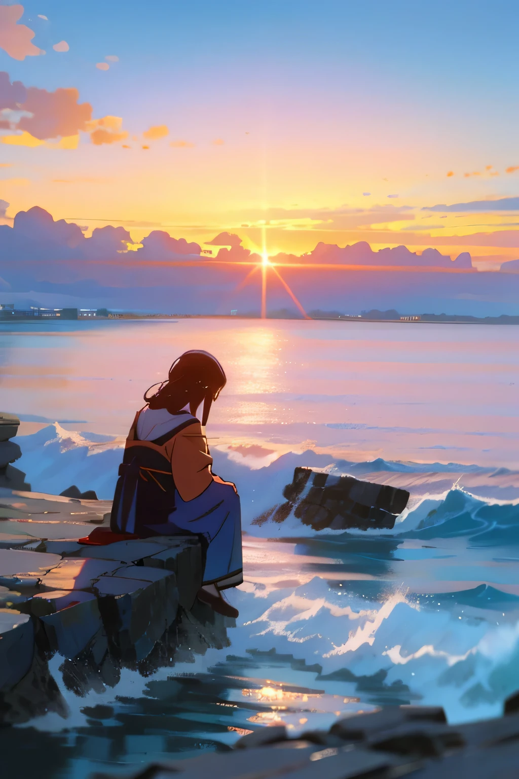 Ocean sunset:Women sitting on cliffs overlooking the vast shining blue ocean。The rising sun dyes the sky in a bright blue colour,A warm and serene light spilled on her face。She embraced this beautiful moment, photo taken from behind the women