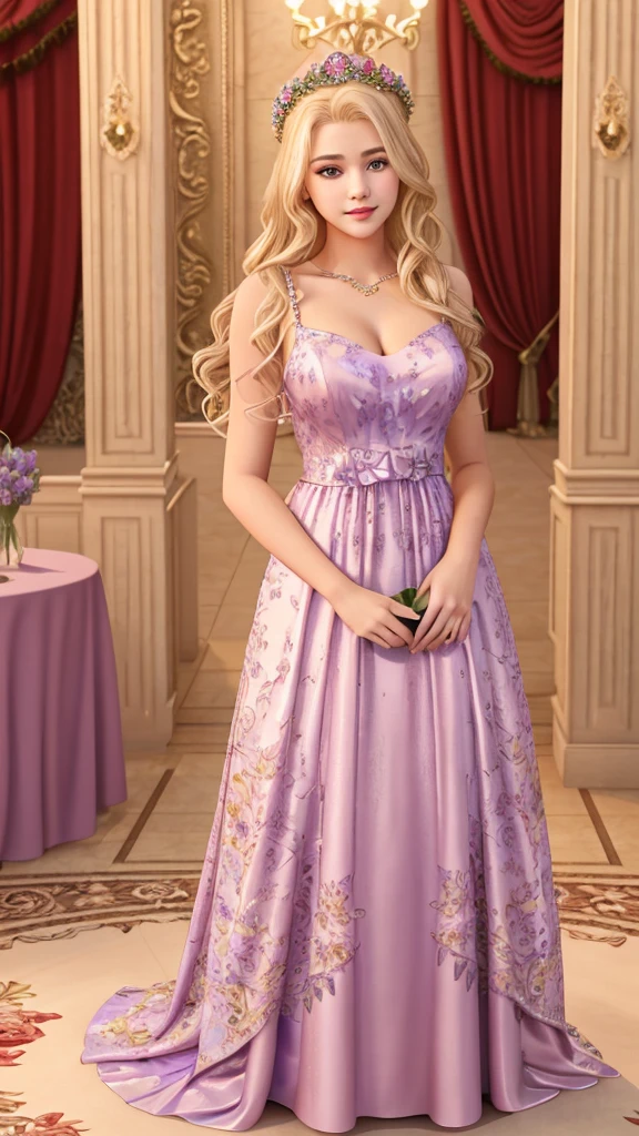 A blonde age girl wearing a red rose crown, pretty eyes, pretty lips, pretty face, dressed in a gorgeous floral and lavender evening gown, stood at the banquet.,very realistic,beyond imagination,3D,18k HD,full body, ultra fine details.