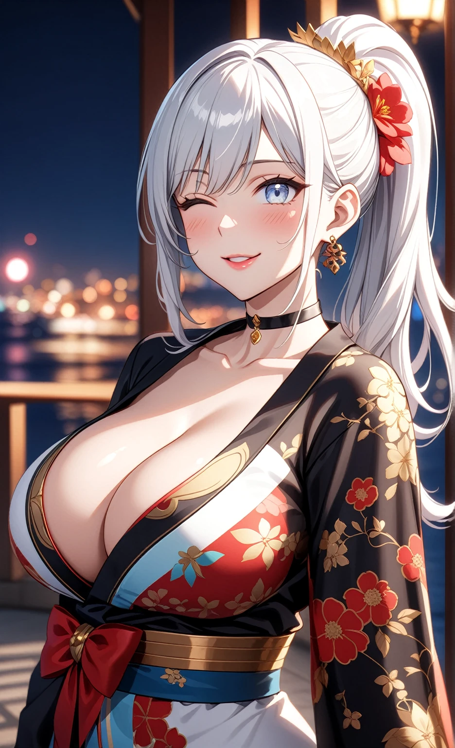 ((One personの女性)), Beautiful Face, (smile shyly), embarrassed,  ((Wink:1.9)), Laugh with your mouth wide open,((Bright red cheeks:1.4)),Shiny red lips,night,横浜のnight景,You can see the ocean, firework,,Glossy pink lips,Facial lighting,((Anime style background)),masterpiece, Highest quality, so beautiful,up to date, Complex details, (Pink long nails),  (ring),(bracelet),(choker),AI-generated, Complex,High resolution, Highest quality, super high quality,3D Images、3D Images,One person,Long white hair,High Ponytail,(blue eyes),Anime woman posing for a photo, ((Fine grain、Silvery white colorful eyes、Shining Eyes:1.3)),(Squint your eyes:1.1),a hyperRealistic , hyperRealistic , Realistic,Anime woman with long white hair, Smooth anime CG art, A woman in a colorful kimono with gold embroidery, (Black long sleeve kimono),Red floral pattern,Long flower hair ornament,Earrings,Mature Body,(Big Breasts:1.1),Tall,Abdominal muscles,Narrow waist,(Zoom up to face:1.0), ((from side)),