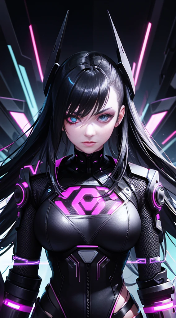 Cyberpunk style, IA avatar, cyberspace, wireframe, matrix, tron, minimal, abstract, virtual reality, black background, neon lights, virtual interface, looking at camera, ebony, dreads, sexy, African American woman, thic