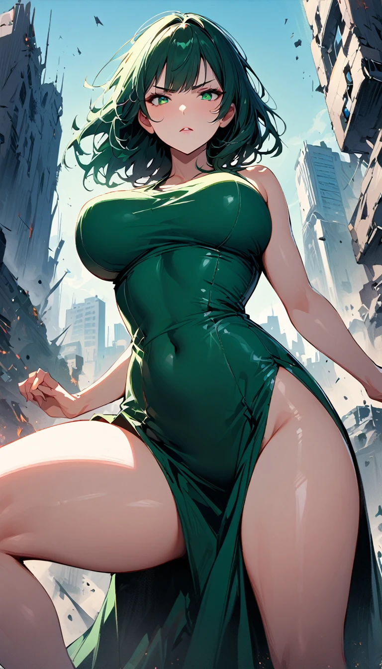 (high quality, 8k, 4K, high contrast, artwork:1.2, high quality, best aesthetics), (dynamic angle), ((1 woman)), erotic, sensual, mature body, super detailed, beautiful face detailed, beautiful eyes detailed, detailed beautiful mouth, sexy body, perfect breats, perfect wide thighs, (short wavy dark green hair), (dark green eyes), (serious facial expression), (long green dress with exposed thighs), (standing in an upright and centered posture), (battle stance), (city in destruction in the background), (looking at the viewer).