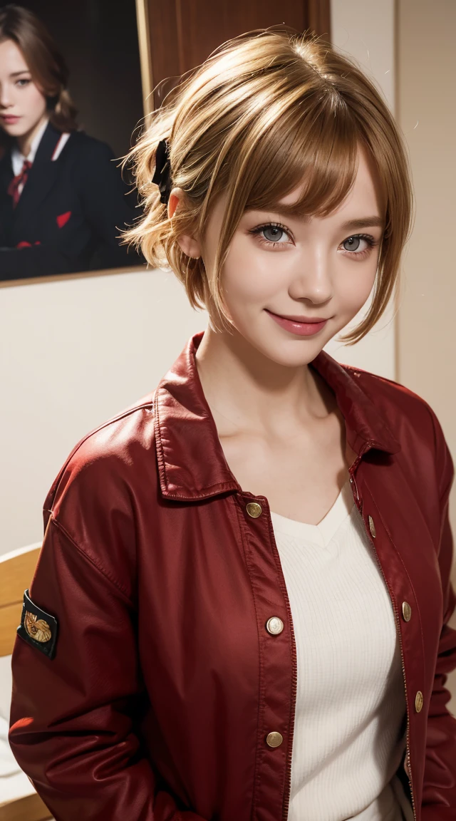 high quality, 最high quality, masterpiece, Absurd, red_Jacket, ribbon, red_eye, blonde_hair, short_hair, hair_ribbon, smile, One girl, Torn clothes, cloth,
