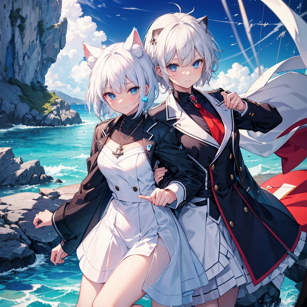 White Hair blue eyes short hair Have student Cat ear nice Blue Earrings necklace gloves beauty thin Sailor suit Put on a black coat Fantasy smile coastal sunset Fluffy hair