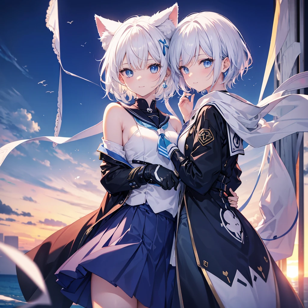 White Hair blue eyes short hair Have student Cat ear nice Blue Earrings necklace gloves beauty thin Sailor suit Put on a black coat Fantasy smile coastal sunset Fluffy hair