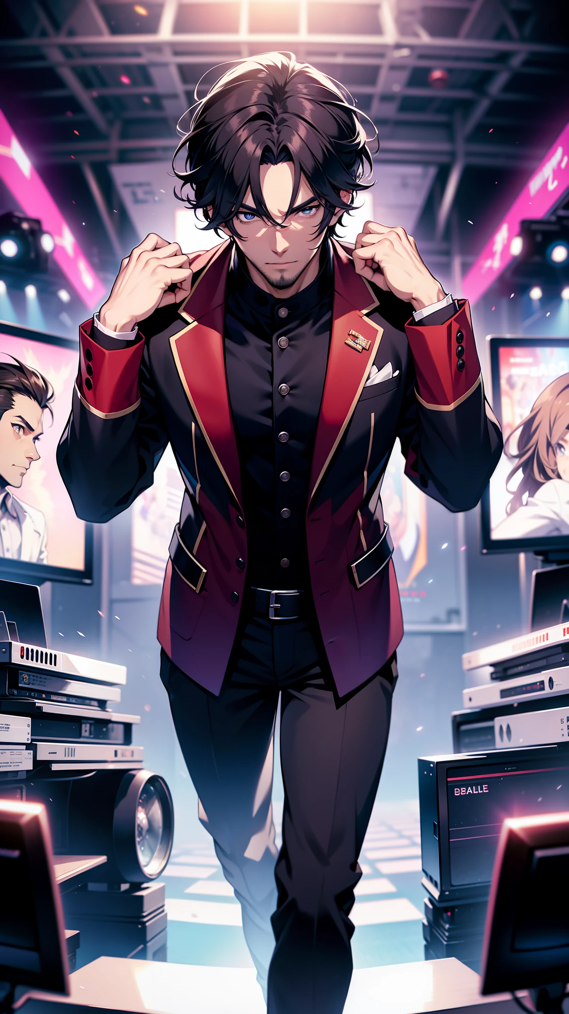 An organizer，television， He was nearby, Anime handsome man,  Looking at the audience, high resolution, Super sharp, 8K, masterpiece